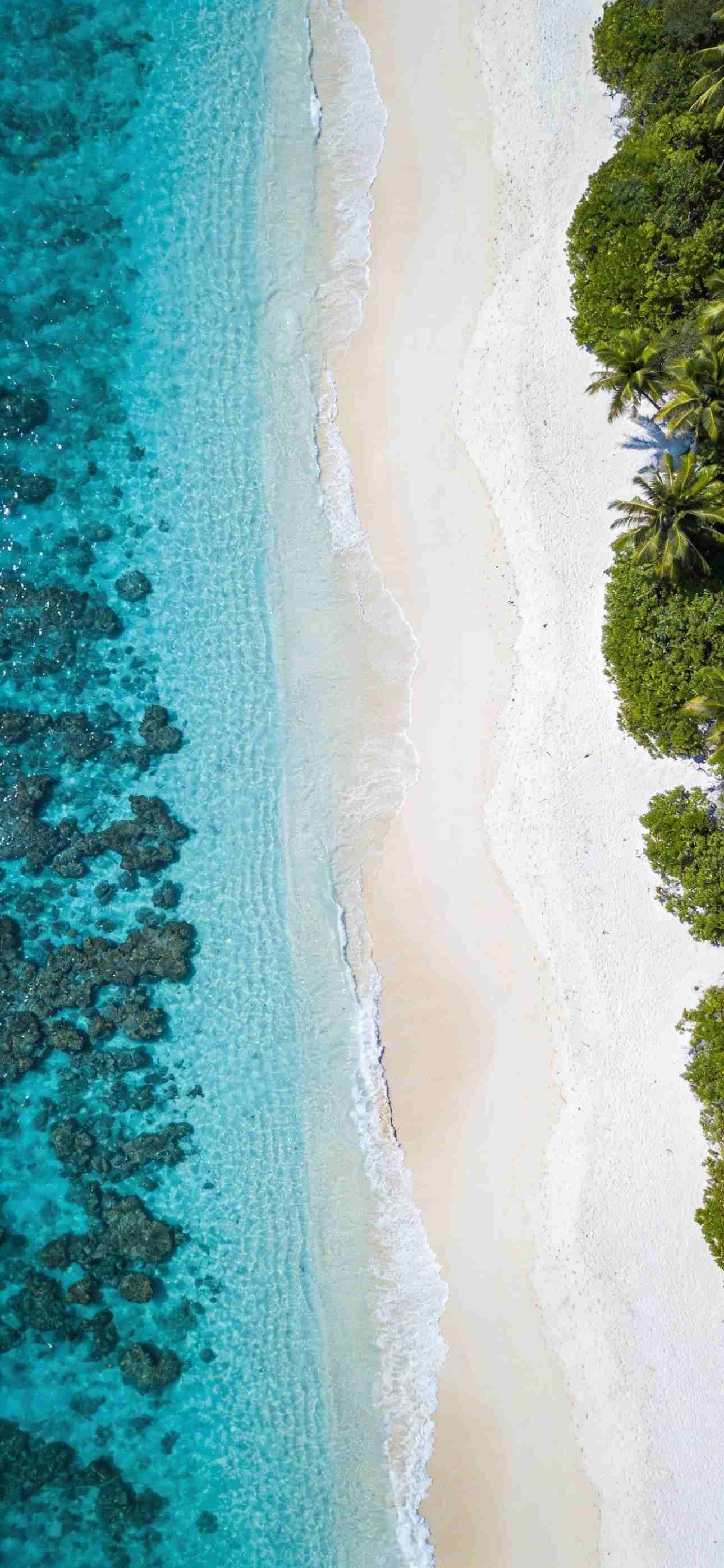 An aerial drone photograph of turquoise ocean waves meeting a pristine white sand beach, coral reef visible through crystal clear shallow water, ultra-wide tropical landscape, vibrant colors