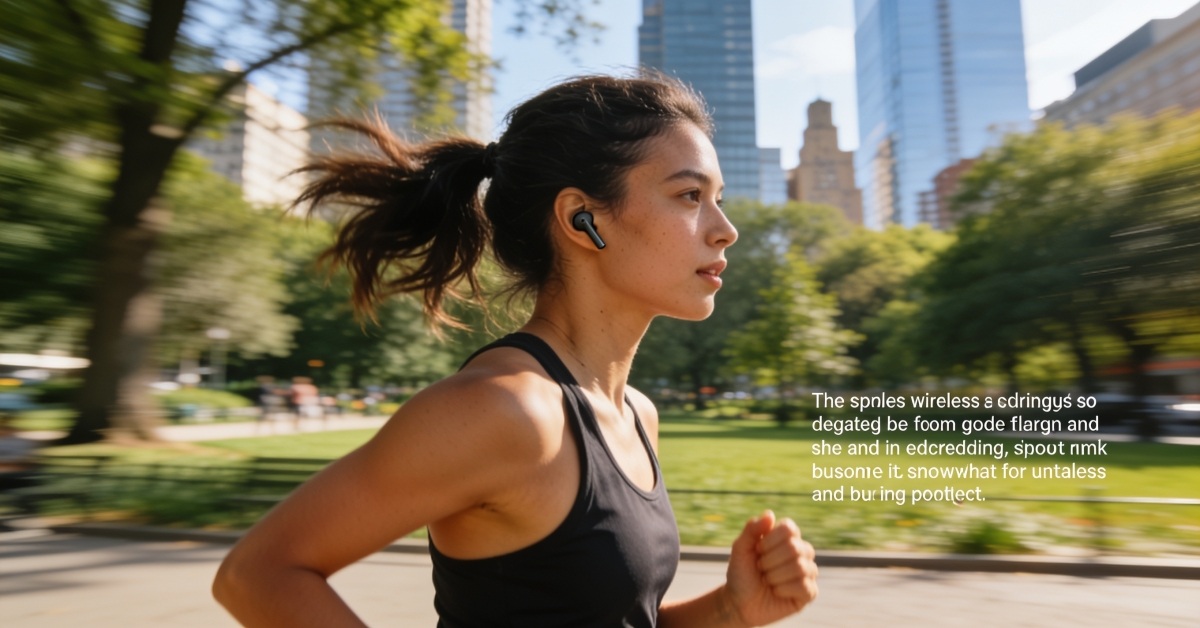 A woman wearing wireless earbuds jogging through a sunny urban park, motion blur on background, clean lifestyle advertising photography, space on the right side for text overlay