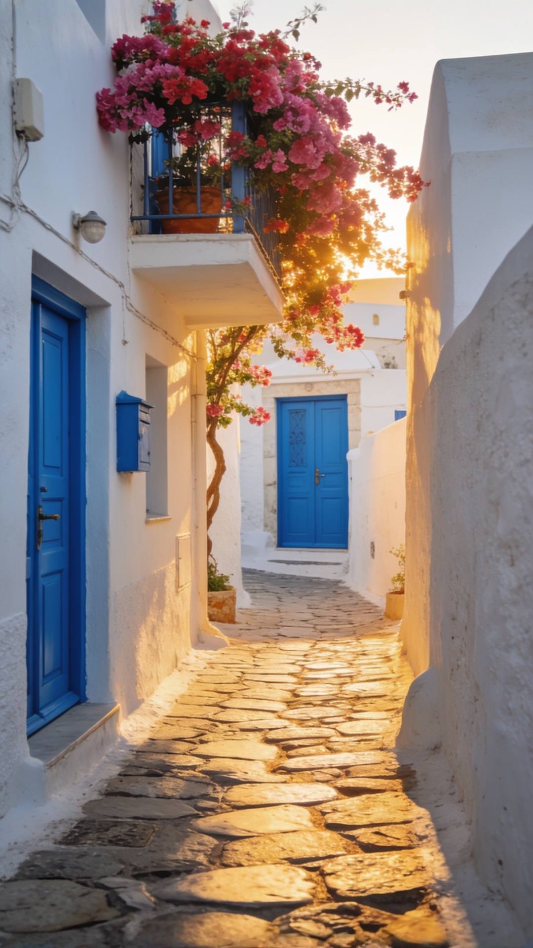 A narrow cobblestone alley in Santorini Greece, white-washed walls with bright blue doors, bougainvillea cascading from balconies above, golden hour light, vertical travel photography