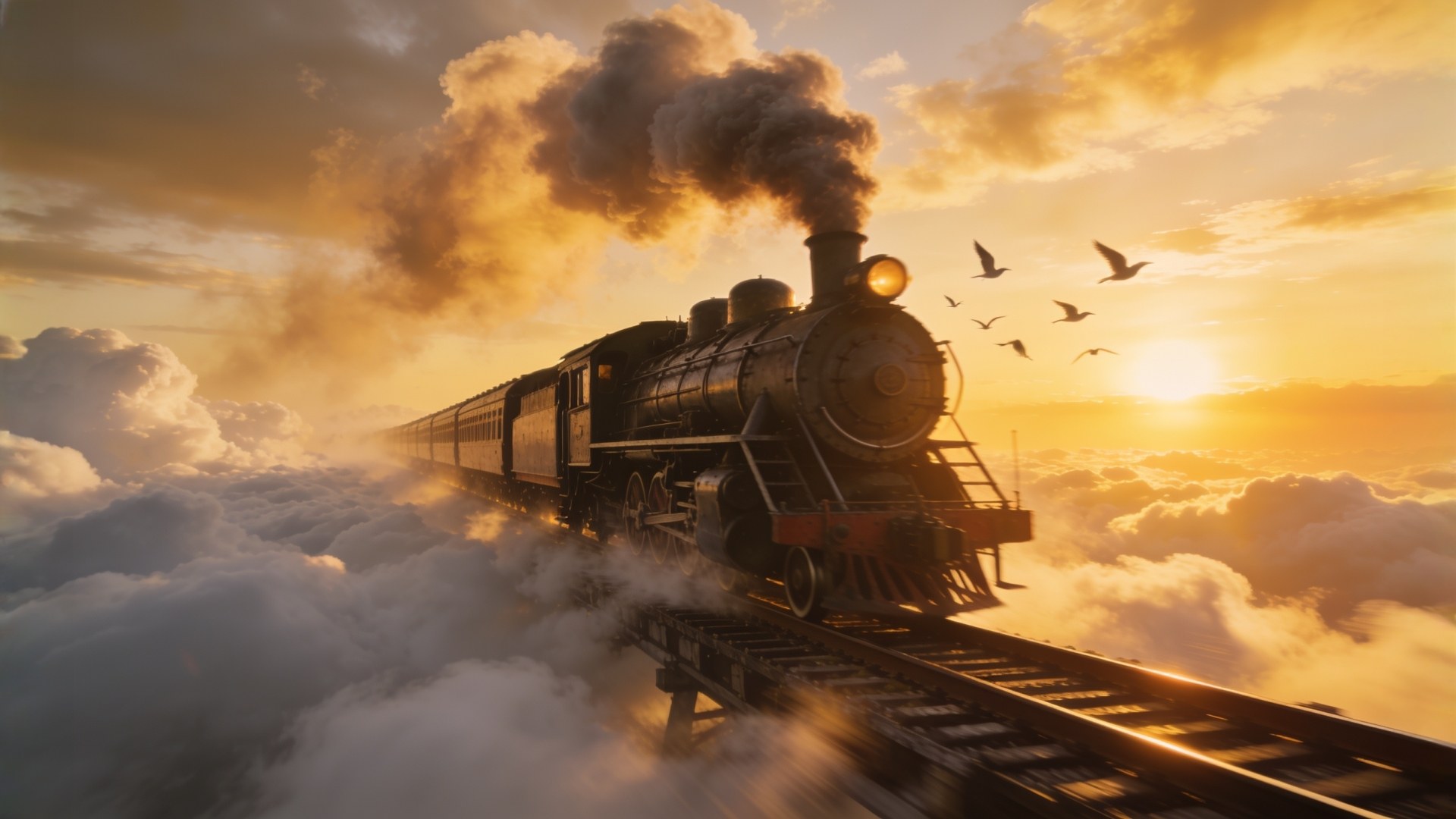 A vintage steam train running on railroad tracks built across the top of fluffy white clouds, golden sunset sky, birds flying alongside, surreal dreamlike wide-angle photography