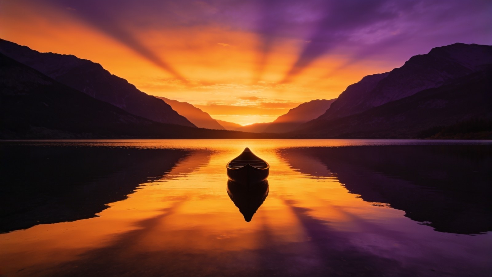 A dramatic wide-angle sunset over a mountain lake, mirror-perfect reflection, orange and purple sky gradients, lone canoe silhouette in the center, landscape photography