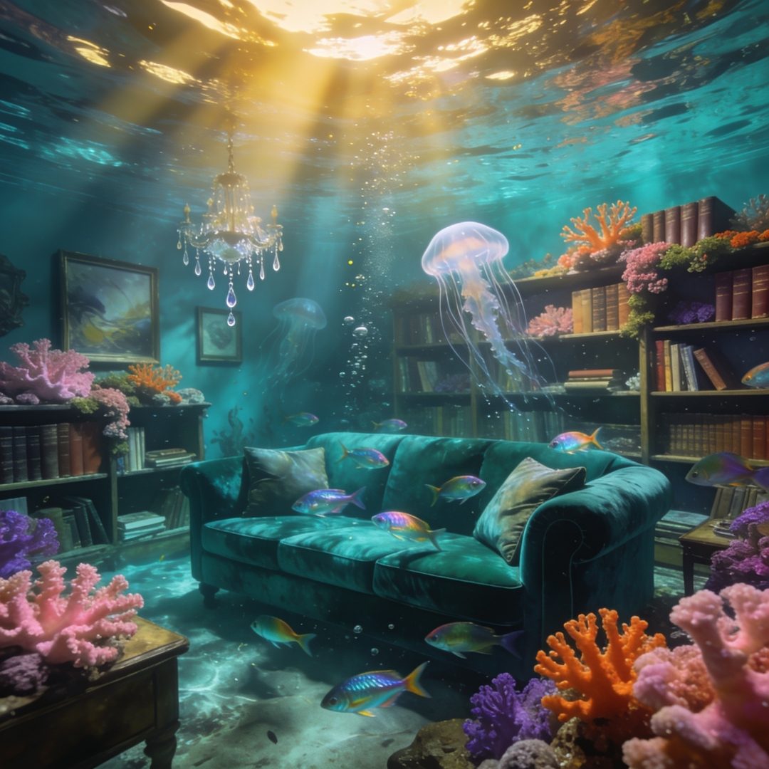A fully furnished living room submerged underwater, sunlight rays penetrating from the surface above, fish swimming around a velvet sofa, coral growing on bookshelves, photorealistic surreal photography
