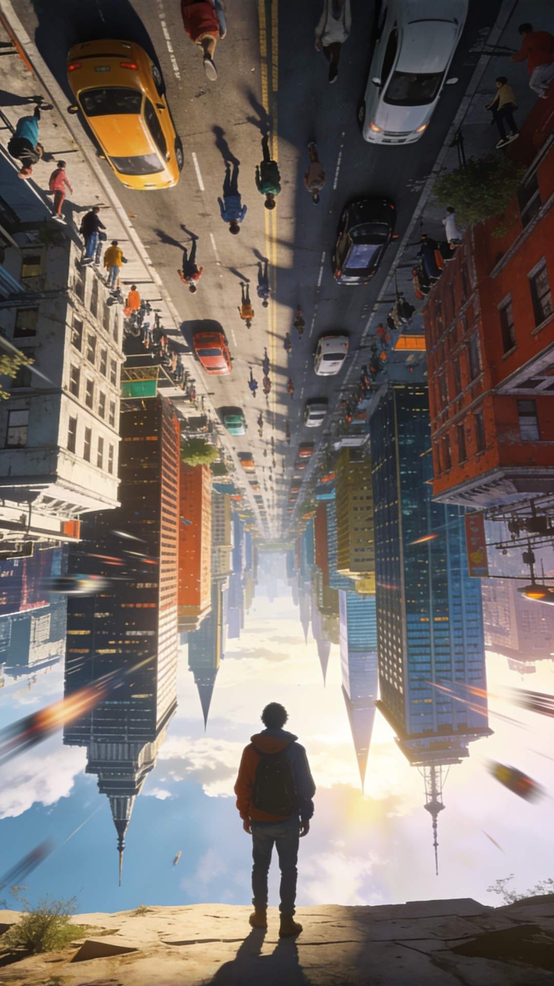 An upside-down city hanging from the sky, skyscrapers pointing downward with cars and people defying gravity, a person standing on normal ground looking up at it, surreal vertical composition, hyper-detailed digital art