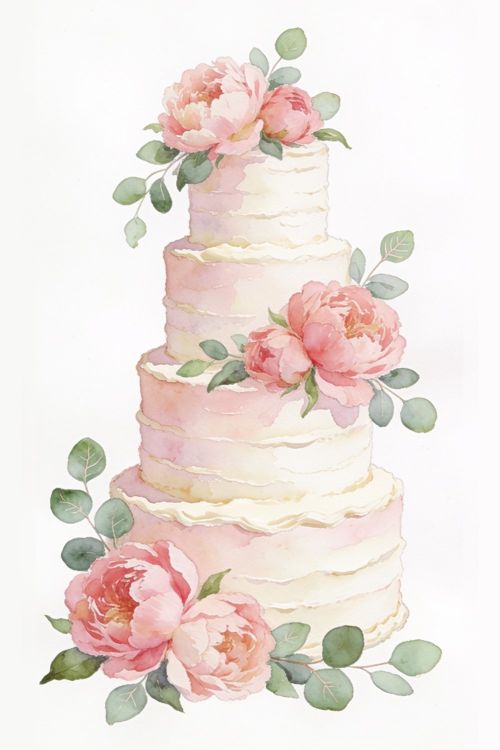 A tall watercolor illustration of a layered wedding cake decorated with fresh peonies and eucalyptus, soft blush pink and sage green palette, white background, editorial illustration style